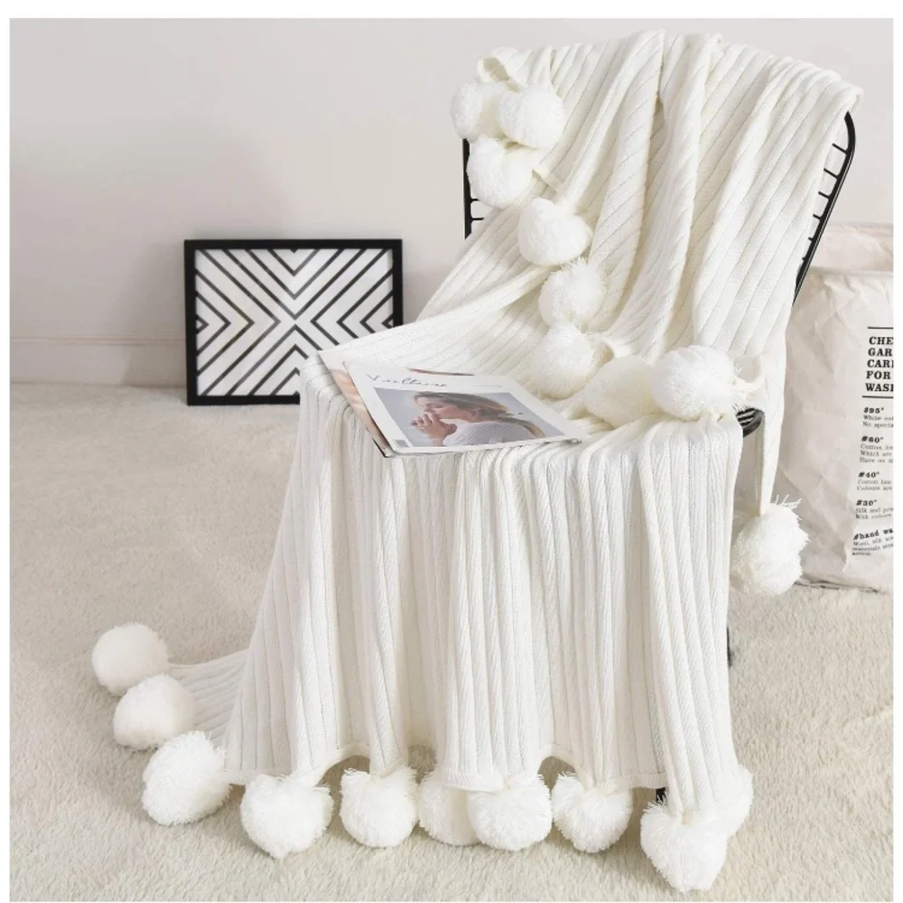 Trendy Dark Grey Pompom Fringe Chic Cozy Soft Throw Blanket/Cover Dorm/Bedroom
